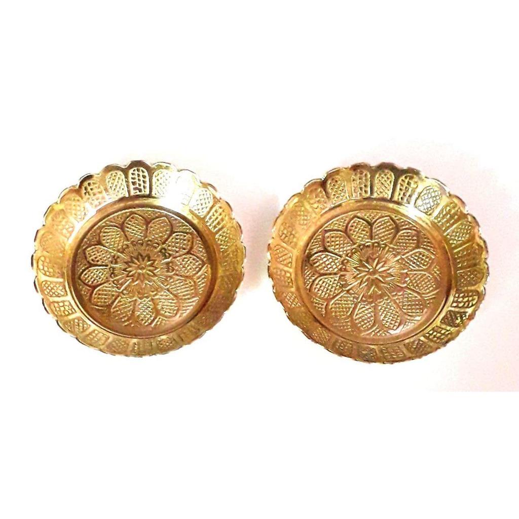 Small Pure Brass Plate for Puja / Diwali / Bhog Thali with Beautiful Flower Embossed Design (Golden) Set of 2pcs