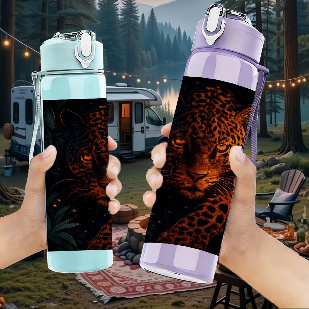 1PC Black Spotted Leopard Animal Print 750ml Color Plastic Sports Water Bottle Leakproof Flip Straw Lid Suitable for Sports Office Home Use