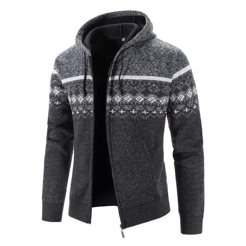 Men's Autumn and Winter Warm Jackets Hooded Knitted Cardigan Velvet Padded Jacket
