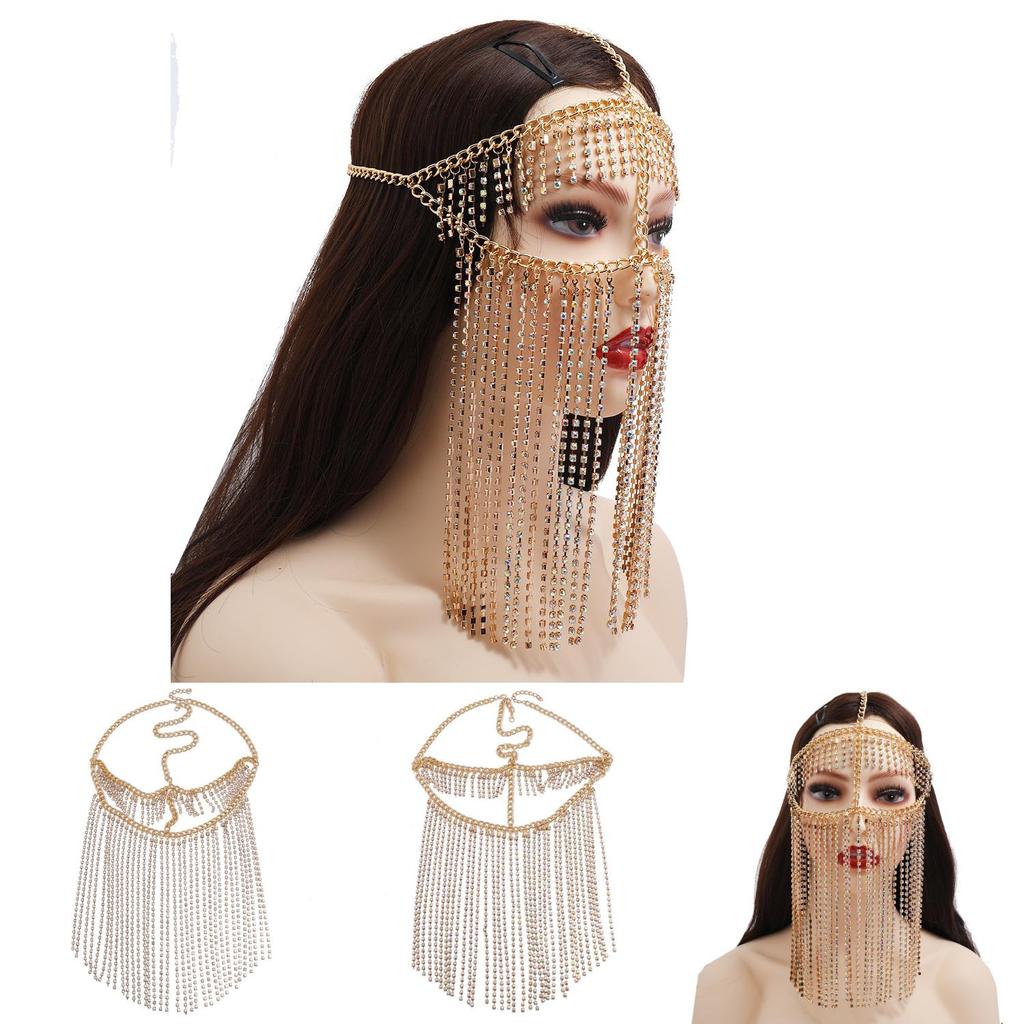 Fashion Rhinestone Decoration With Tassel Design Women Headwear Face Curtain For Nightclub Party And Performance