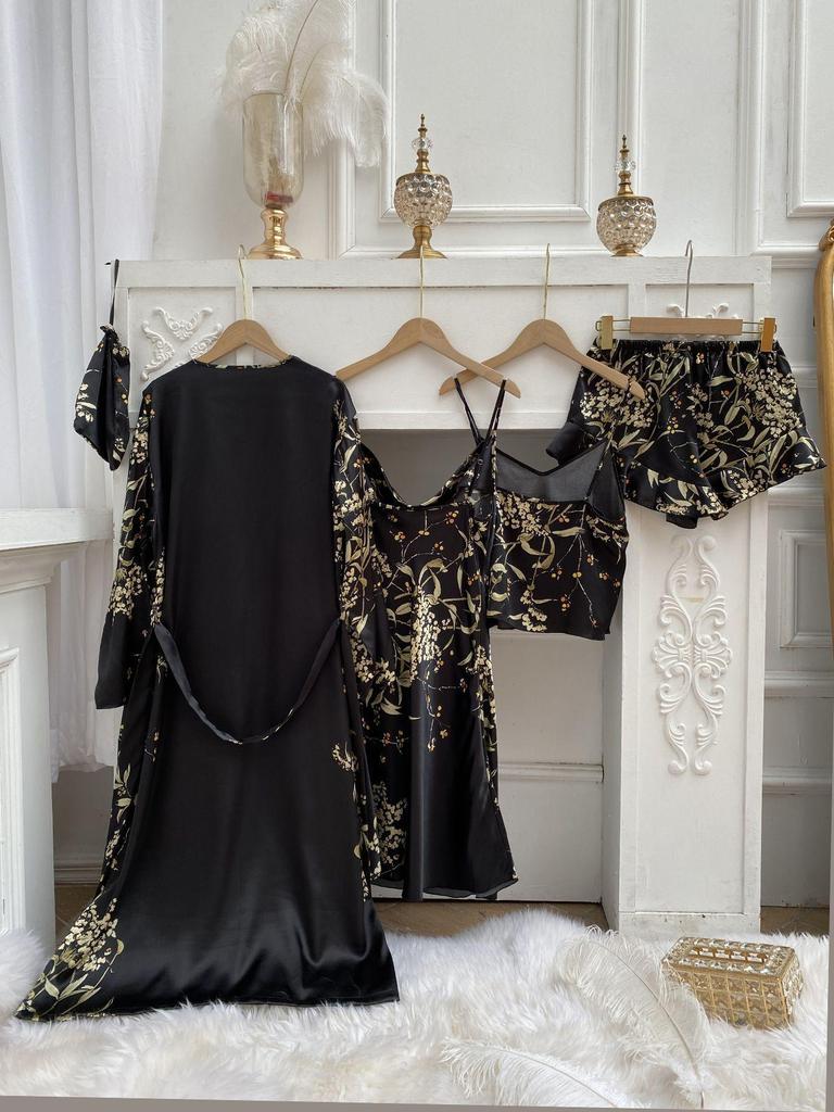 Spring & Summer Women's Pajama Set: European-American Style 4-Piece, Nightgown, Camisole, Long Sleeve, Long Length, Sexy Nightdress.