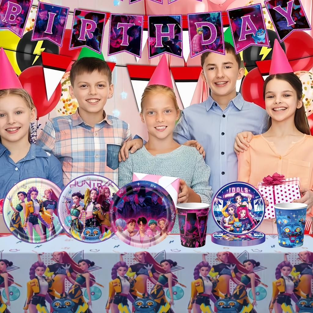 K Pop Łowcy Demonów Dekoracja Urodzinowa Naczynia kpop Łowca Demonów Talerze Serwetki Urodzinowy Obrus Baby Shower Upominki na Imprezę