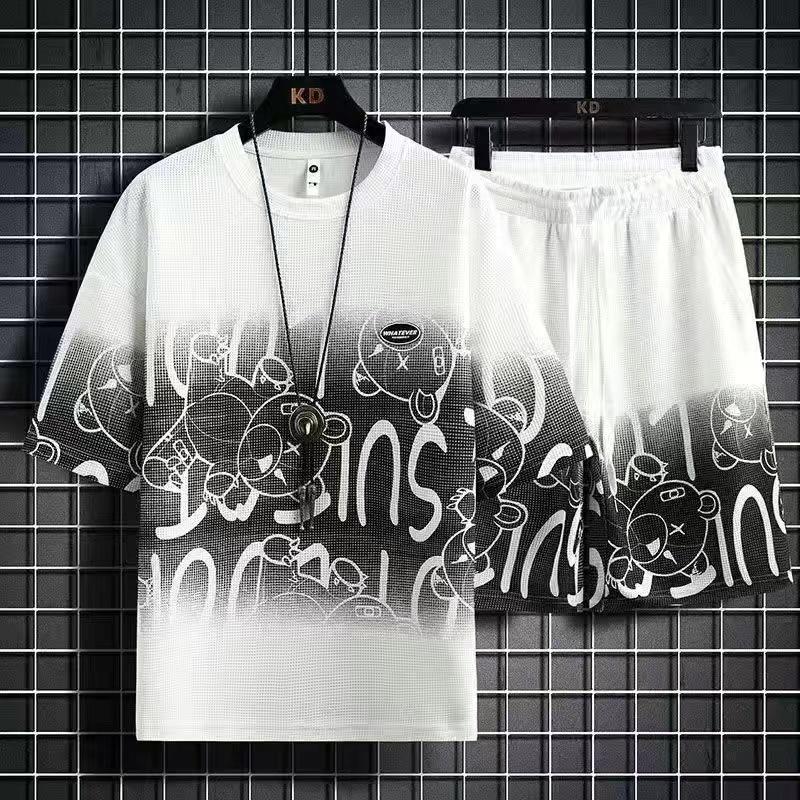 Men's Summer Waffle Ice Silk Two-Piece Casual Suit - Short-Sleeve T-Shirt & Shorts