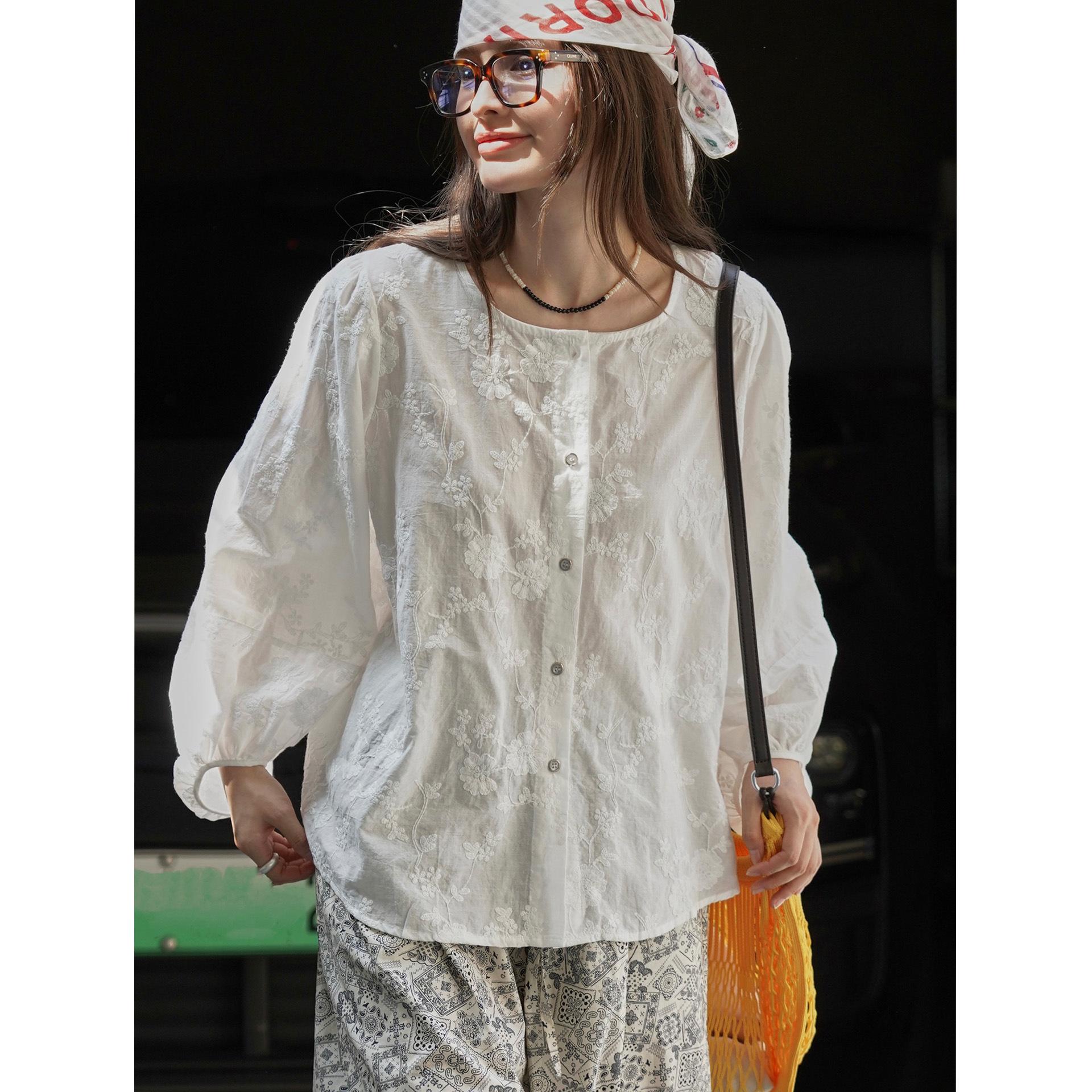 

Johnature Summer Korean Embroidered Puff Sleeve Sunscreen Women Shirt Light Breathable Tops One Size белый