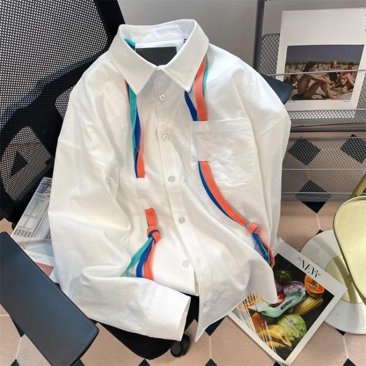 

Vintage Women Blouses Long Sleeved Single Breasted Lapel Tops Colorful Ribbon Shirts Loose Ladies Pocket Blouses for Women XXL білий