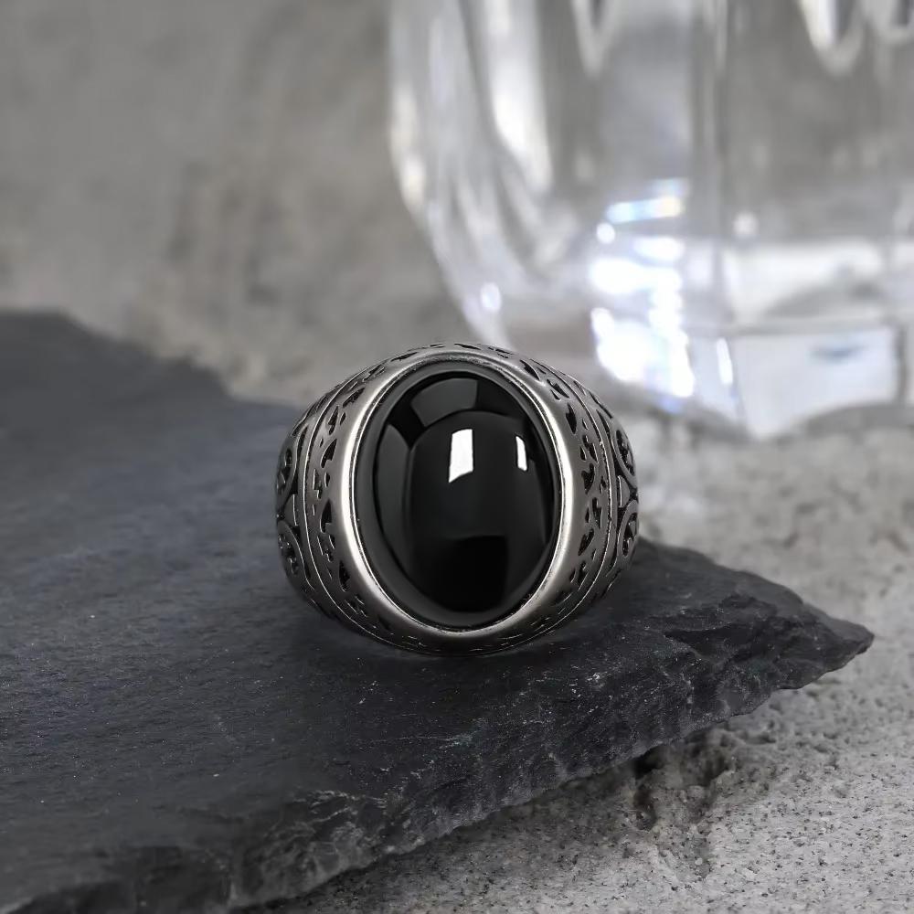 Rings Silver Men's Vintage 925 Sterling Silver with Oval Natural Balck Onyx Stone 10*14MM Large Stone Rings Fine Jewelry for Men
