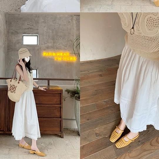 Soft-skinned grape women's bag head slippers women's retro woven hollow square head thick heel Muller half-drag empty single shoes