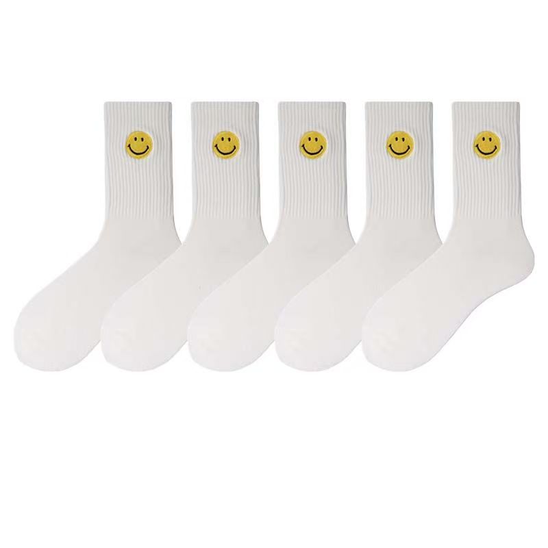 Einfarbige, mittellange Socken mit frischem, lächelndem Gesichtsmuster, schlichtem Design, bequem und atmungsaktiv.