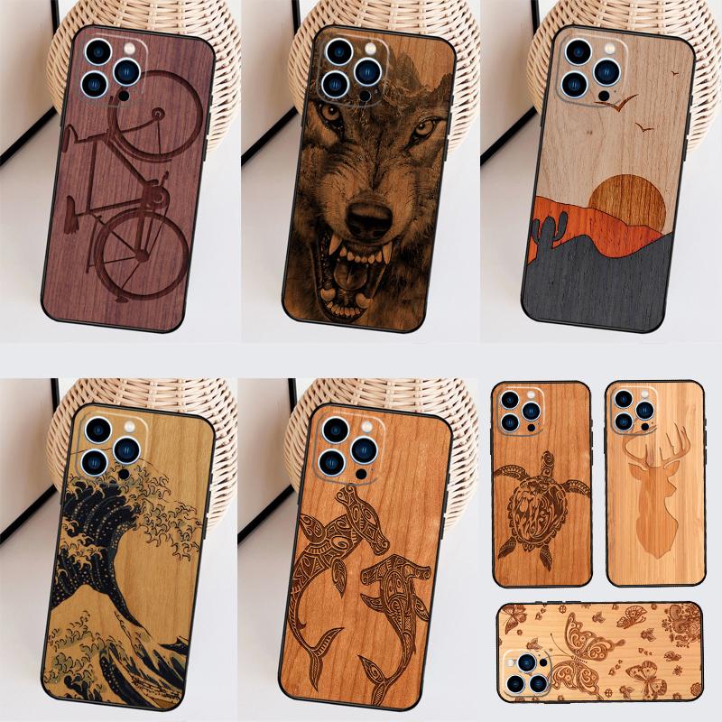 Wolf Bike Butterfly Wood Funda For iPhone 16 15 Pro 14 Pro Max Plus 11 13 12 Mini X XS XR Phone Case