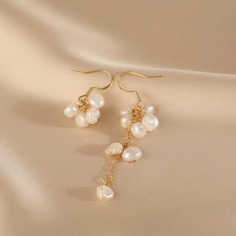 Trendy Natural Freshwater Pearl Asymmetric Tassel Drop Earrings Gold Plated Copper Bridal Jewelry For Women