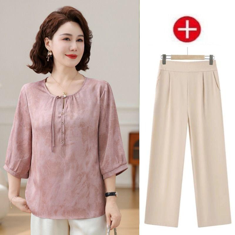 Mother's Day Mid-Sleeve Casual Summer Top & Wide-Leg Pants Set for Middle-Aged Women