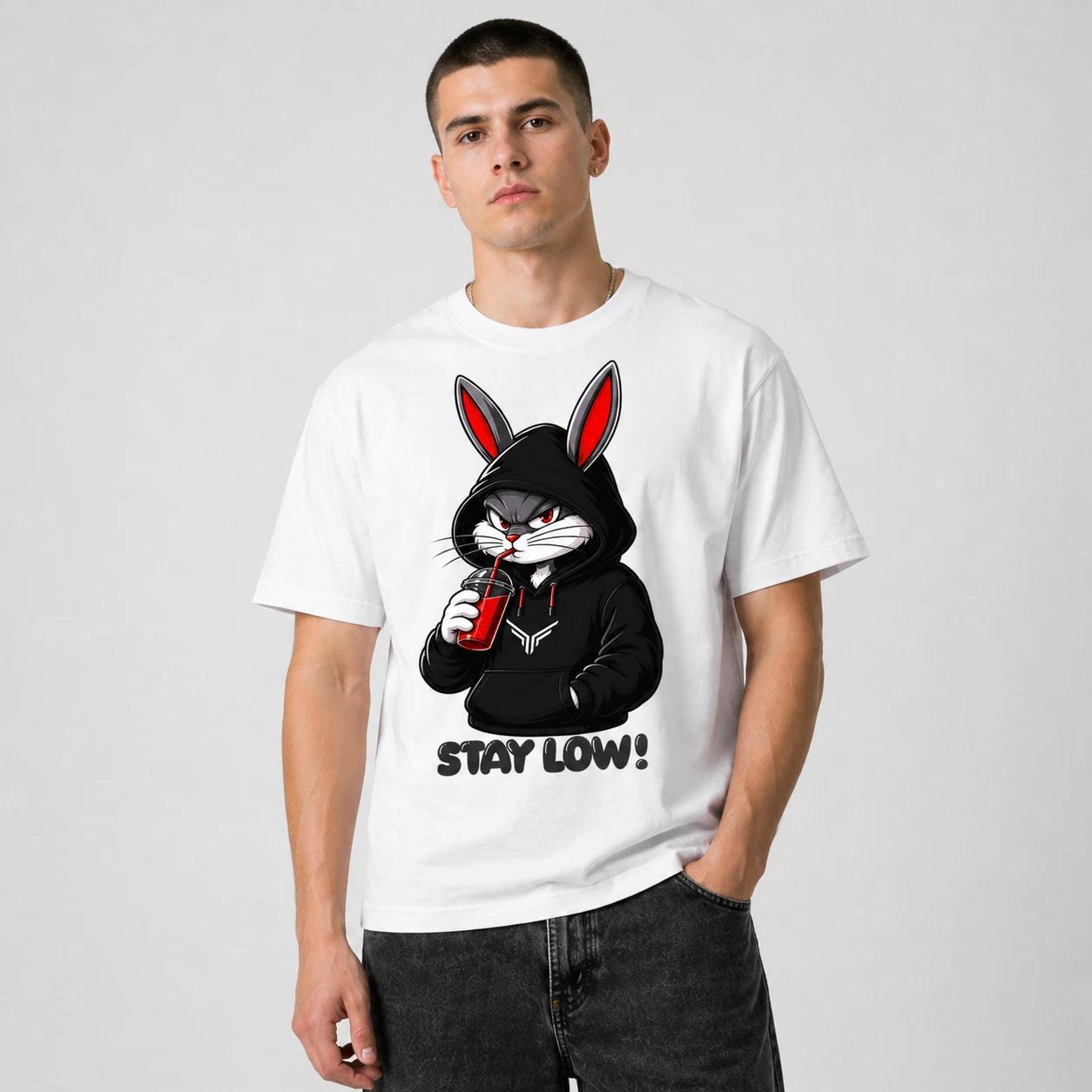 Stay Low Bunny Graphic Printed Regular Fit Unisex T-Shirt Streetwear Cotton Tee S
