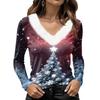 Women's Long Sleeve V-Neck Christmas Top with Collar, Snowflake and Christmas Tree Print