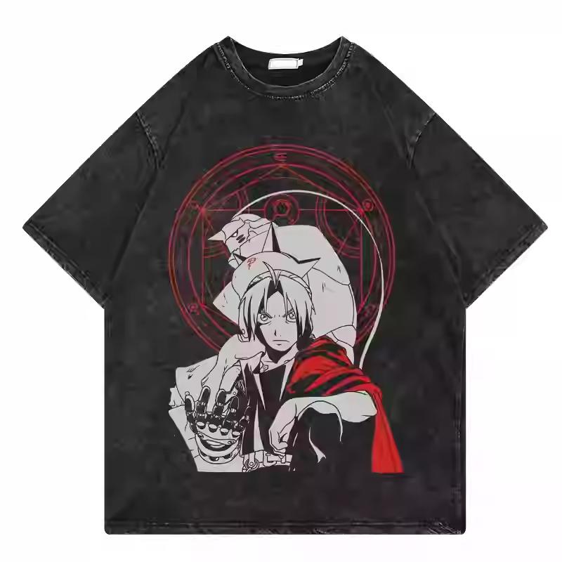 Anime Fullmetal Alchemist Brotherhood Cornice Gotica Fratelli Stampa Grafica T-Shirt Uomo Donna retro Lavato Girocollo Cotone Oversize streetwear moda Top