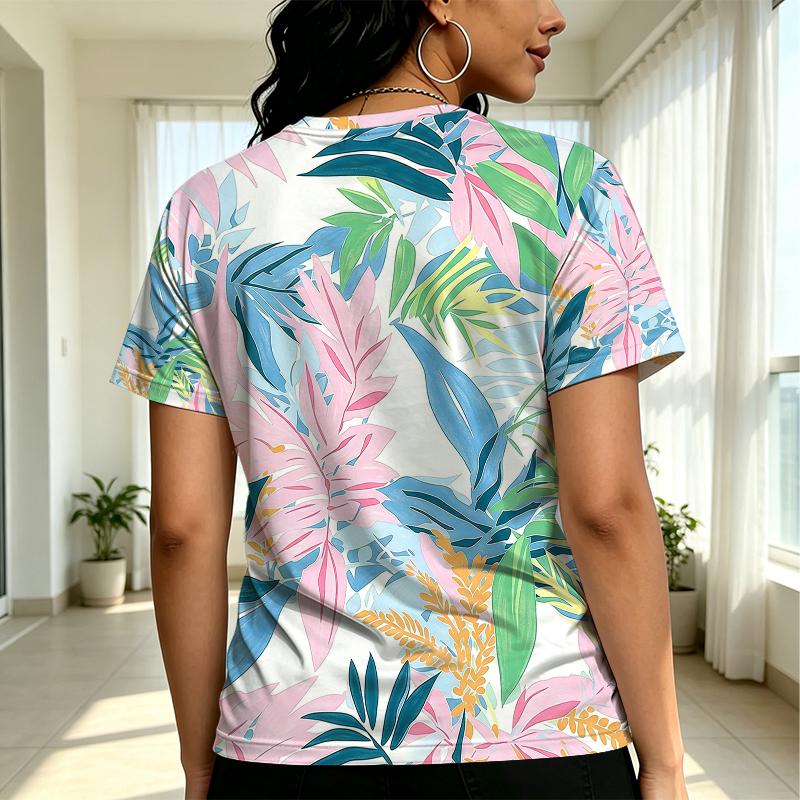 Women's Tropical Plant Casual Short Sleeve T-Shirt - Soft Cotton, Colorful Fresh Design, Versatile for Everyday Wear & Work Commute