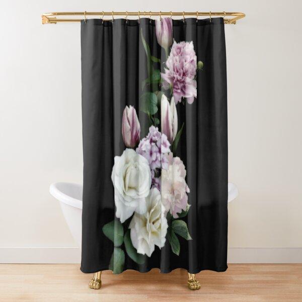 Cortina de ducha con diseño floral, color rosa oscuro, negro, rojo, verde, hojas, flores coloridas, mariposas, cortinas góticas para baño, decoración vintage para baño