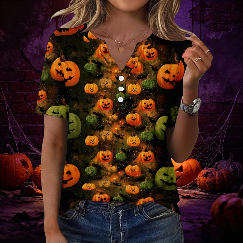 Women V Neck Short Sleeve T Shirt with Decorative Buttons Halloween Print Casual Loose Fit Top for Everyday Wear