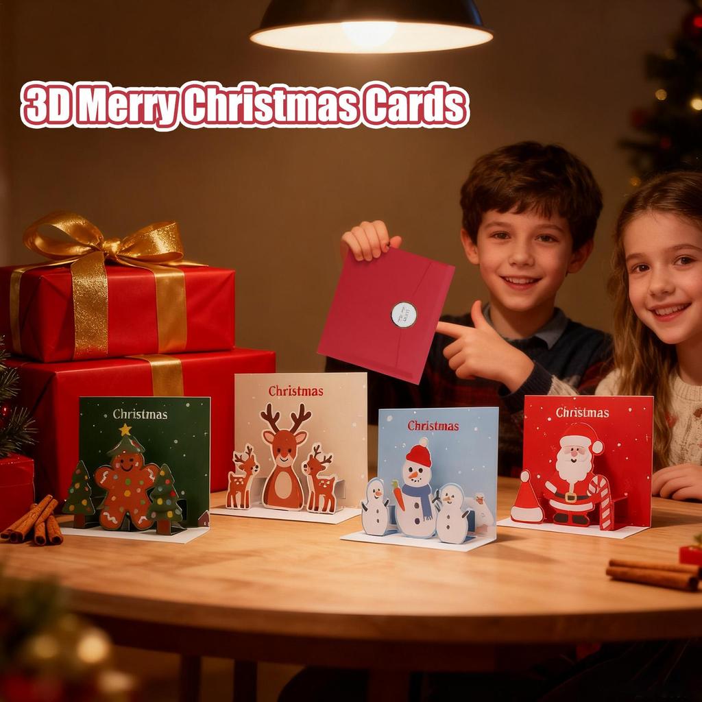 Christmas Cards For Kids 4 Pieces Santa Snowman 3D Cards Holiday Decor Paper Art For Kids Adults Friends Coworkers Teachers