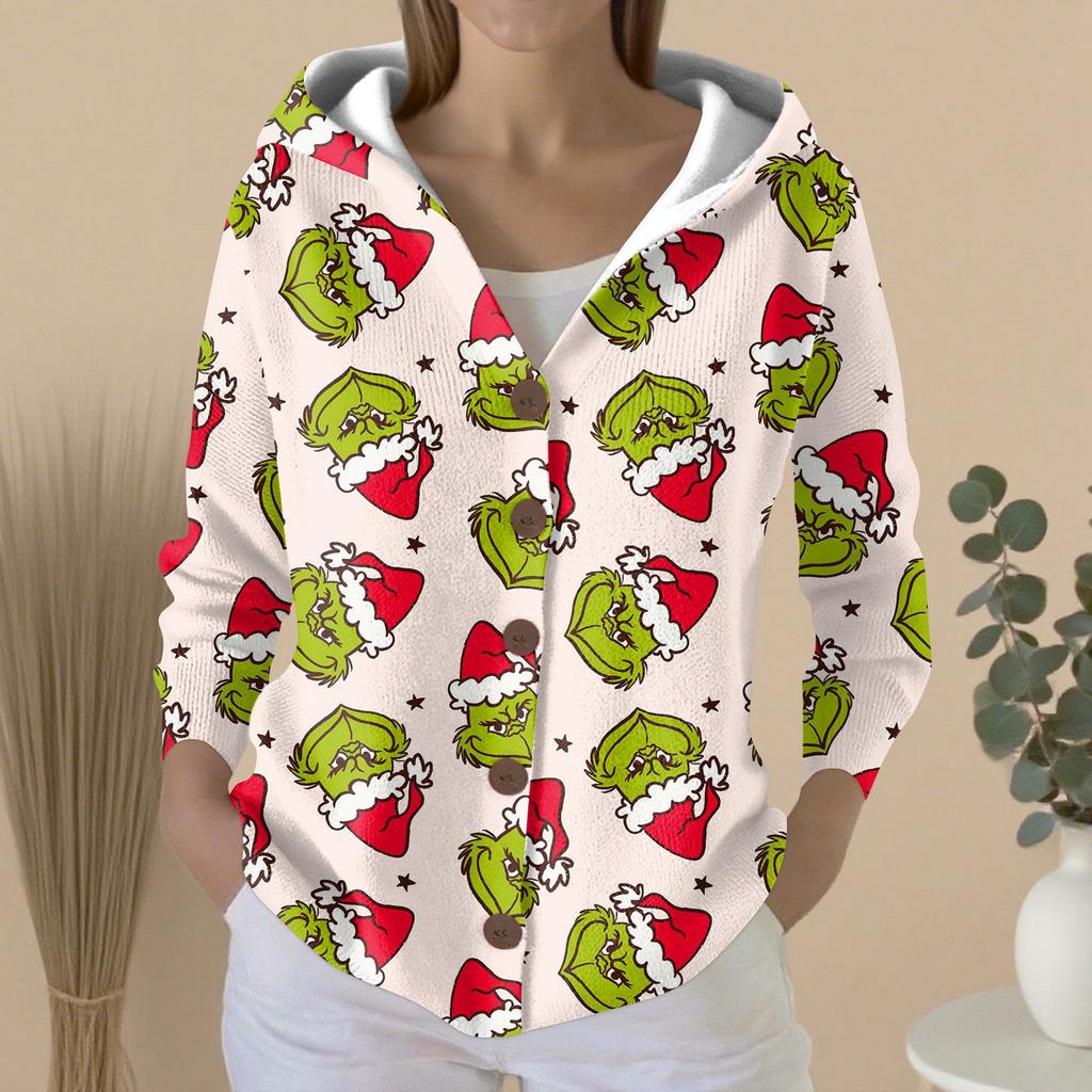 Women's Fashion Casual Sweater Button-Up Print Cardigan  Hooded Jacket