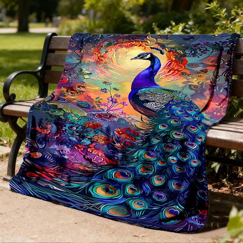 1pc Peacock Feather Artwork Throw Blanket Polyester Fiber, Lightweight Flannel, Soft & Warm, All Season Use for Outdoor, Camping Digital Print
