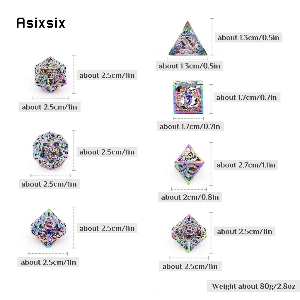 7 Pcs Silver Colorful Dragon Metal Dice Hollow Metal Polyhedral Dice Set Suitable for Role-Playing RPG  Board Game Card Game