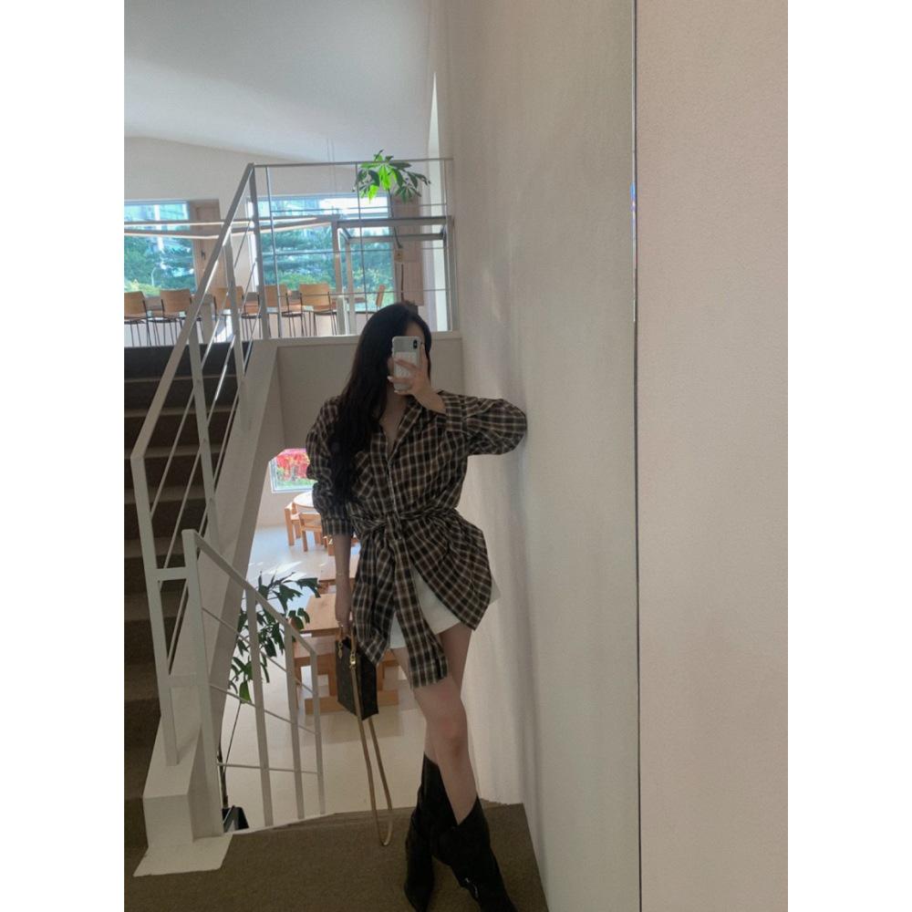 Women's Retro Plaid Long Sleeve Shirt with Tie Waist and Lapel