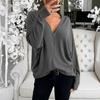 Women Fashion Casual Solid V-Neck Loose Long Sleeve T-shirt Top Blouse Pullover