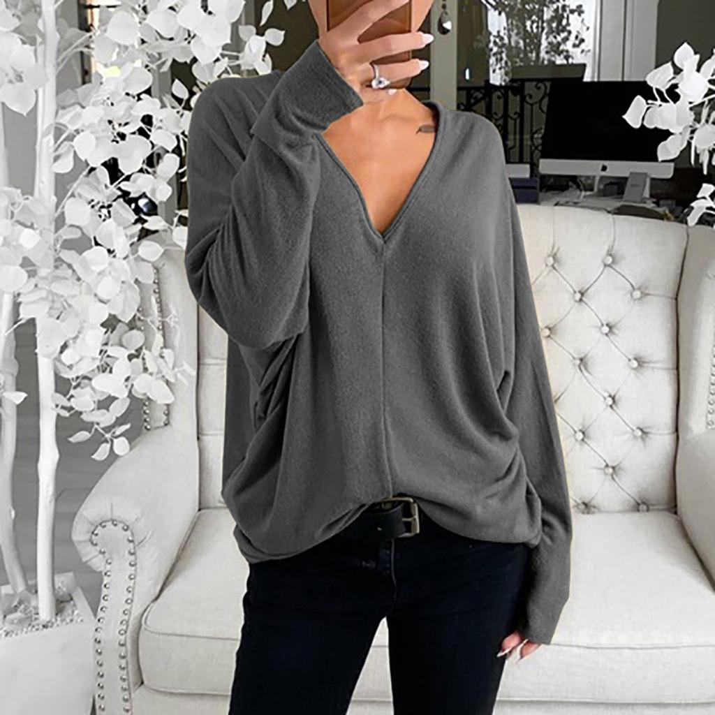 Women Fashion Casual Solid V-Neck Loose Long Sleeve T-shirt Top Blouse Pullover