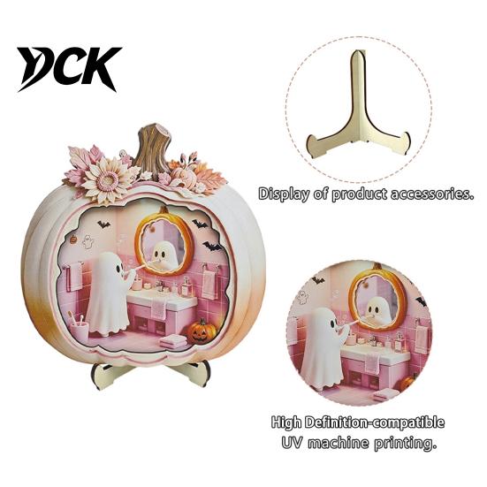 Cute Pastel Pumpkin Ornament Halloween Ghost Wooden Plaque, 2D Flat Tabletop Sign, Handmade Sign Spooky Bathing Reading for Home Office Mantel