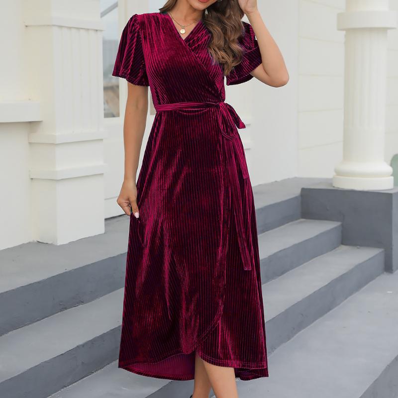 

GMXIA Большие размеры женские платья средней длины из шелка и бархата с разрезом и завязками в полоску на осень и зиму XXXL темно-красного