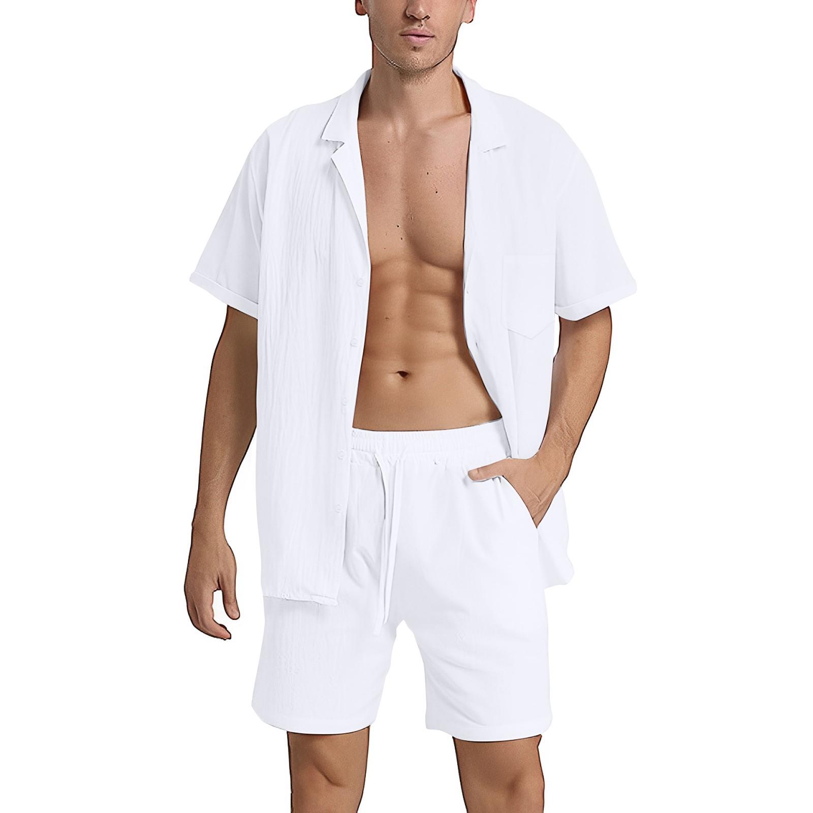

Мужской свободный повседневный комплект из хлопка и льна с лацканами, летний повседневный удобный топ с короткими рукавами и шорты XL белый