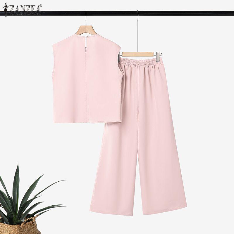 ZANZEA Women Sleeveless Blouse and Long Pants Casual Two Piece Suit Sets