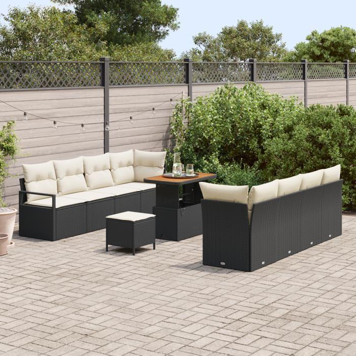 Ensemble de Canapés de Jardin 11 pièces avec Coussins Rattan Poly Noir Acacia, Canapé de Jardin 2 Places avec Rangement & 3364450