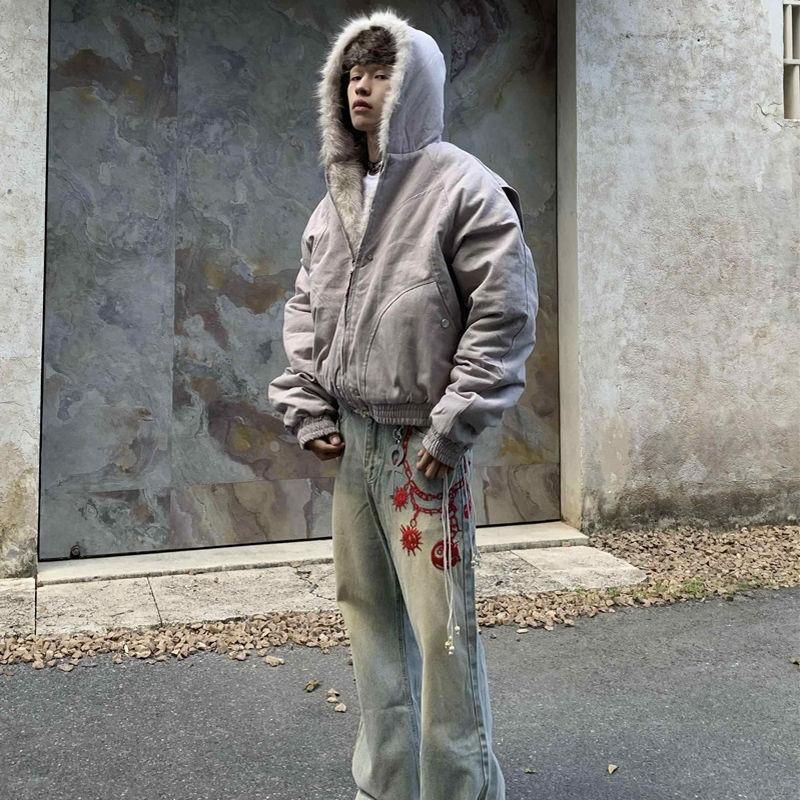 American Retro Woolen Collar Hooded Cotton Jacket Winter Thick Plush Top Men Street Hip-Hop Gothic Harajuku Oversize Jacket Coat