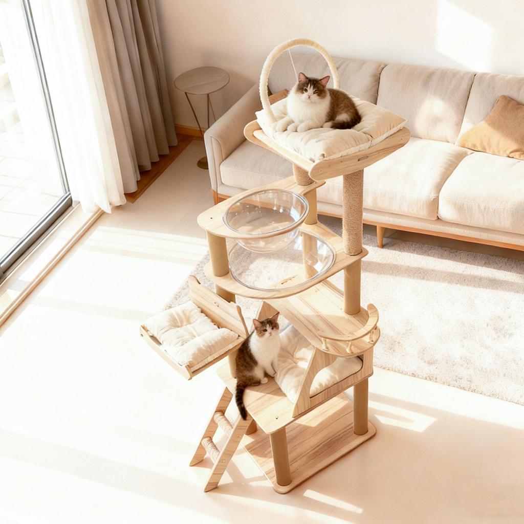 Raumkapsel Katzenbaum: Multifunktionaler Kratzbaum & Bett mit Doppelkammer, Geeignet für große & kleine Katzen