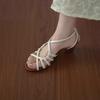 Soft leather version~ French temperament woven hollow word with open toe thick heel sandals fairy vacation style Roman shoes woman
