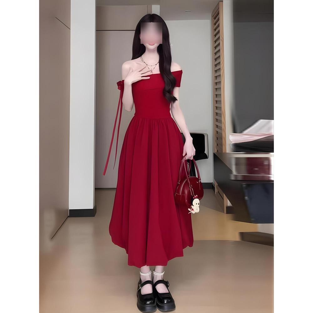 Women's clothing one-word shoulder slanted shoulder dress summer casual temperament women cover the meat and look thin waist temperament long skirt