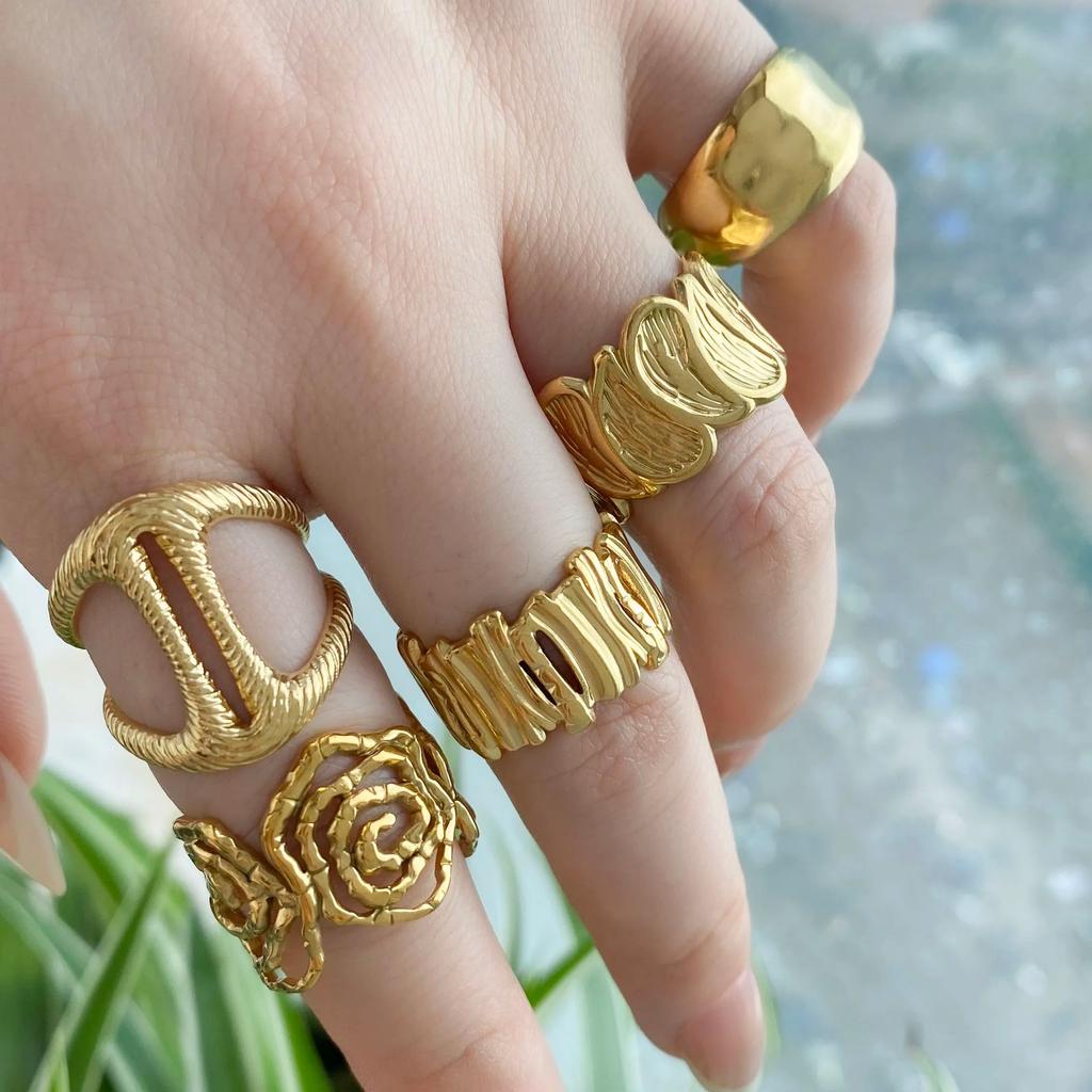 CARLIDANA Vintage Multilayer Sun Stainless Steel Gold Plated Rings for Women Hollow Line Charm Adjustable Men Open Ring Jewelry