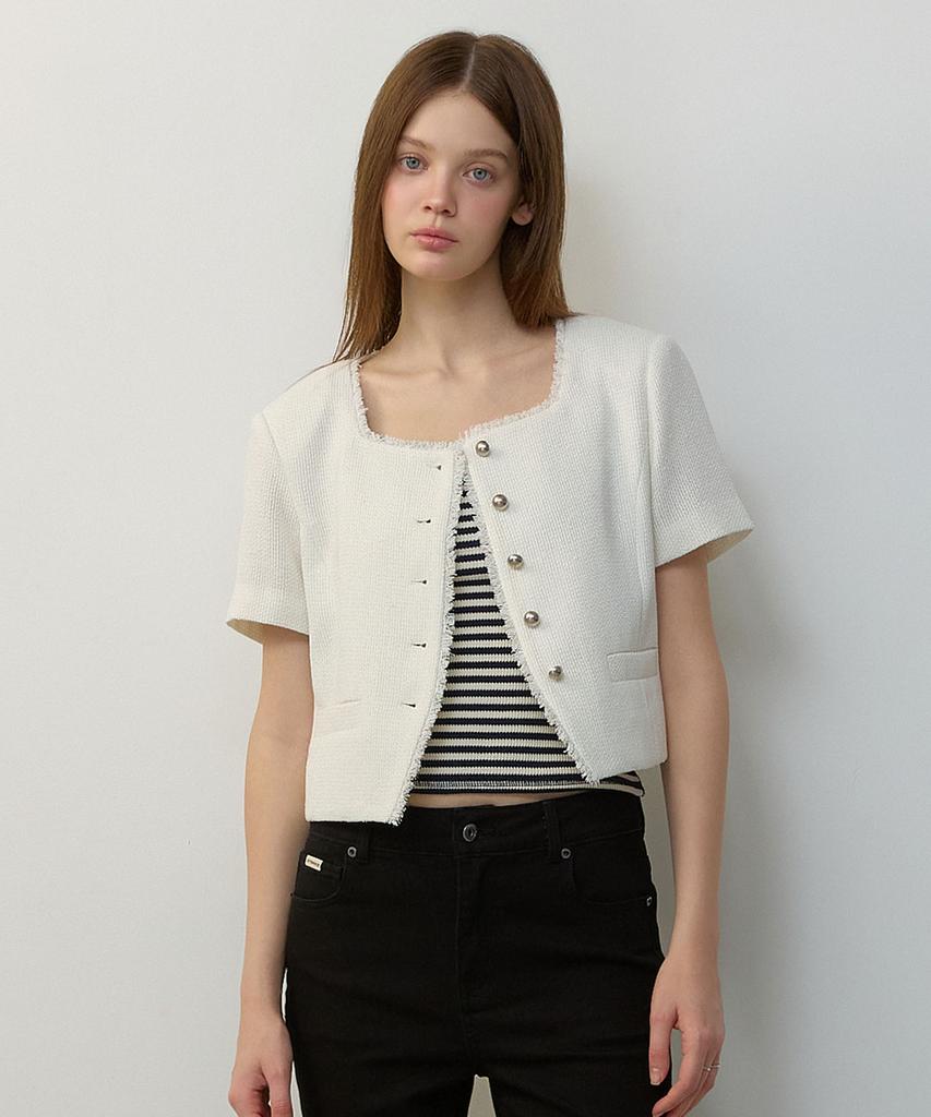 Citybreeze Tweed Square Neck Short Sleeve Jacket_White