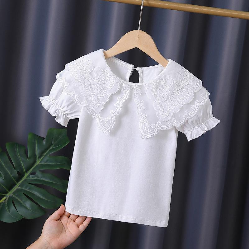 Premium Mädchen Weißes Spitzenkragen Baumwoll-T-Shirt - Sommer Kurzarm für Kinder