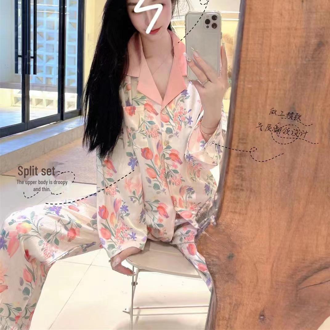 

Женская шелковая пижама с длинными рукавами — легкая, роскошная, свободного кроя, воротник-лацкан, на весну/лето. XXL