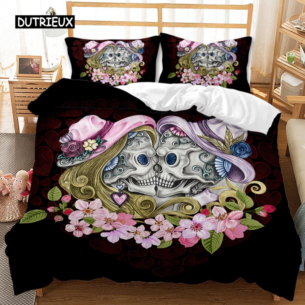 Skull Duvet Cover Set Rose Floral Twin Bedding Set Printed Valentine's Day Halloween Skull Gothic Skeleton Polyester Qulit Cover