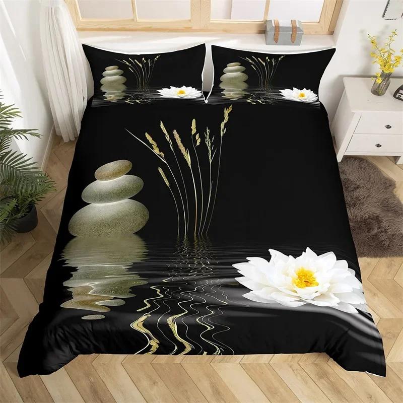 Meditation Duvet Cover Nature Green Bamboo Lotus Flower Bedding Set Circle Geometric Bedspread Cover Zen Spiritual Quilt Cover