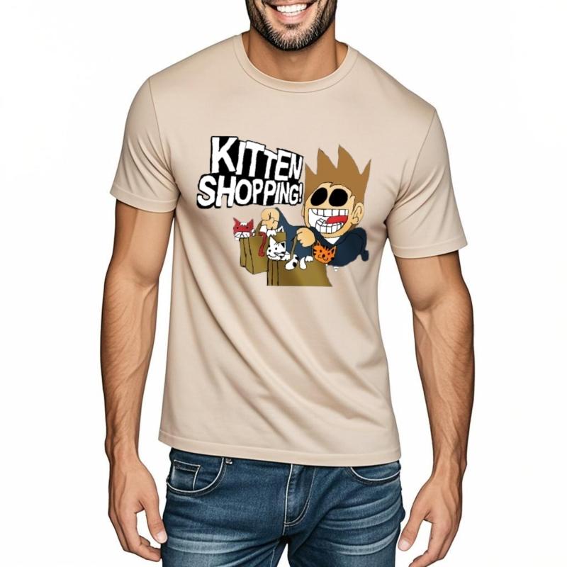 Eddsworld Kitten Shopping Graphic T-Shirt Men's Black Cotton Tee Fashion Casual Streetwear Summer New Top