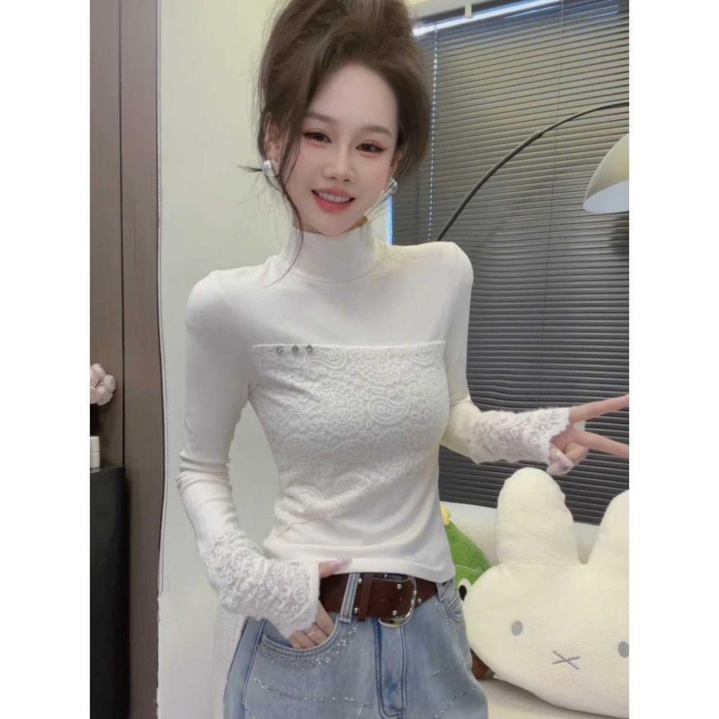 Plus Size Velvet Lace Stand Collar Long Sleeve Women's Autumn Winter Warm Top