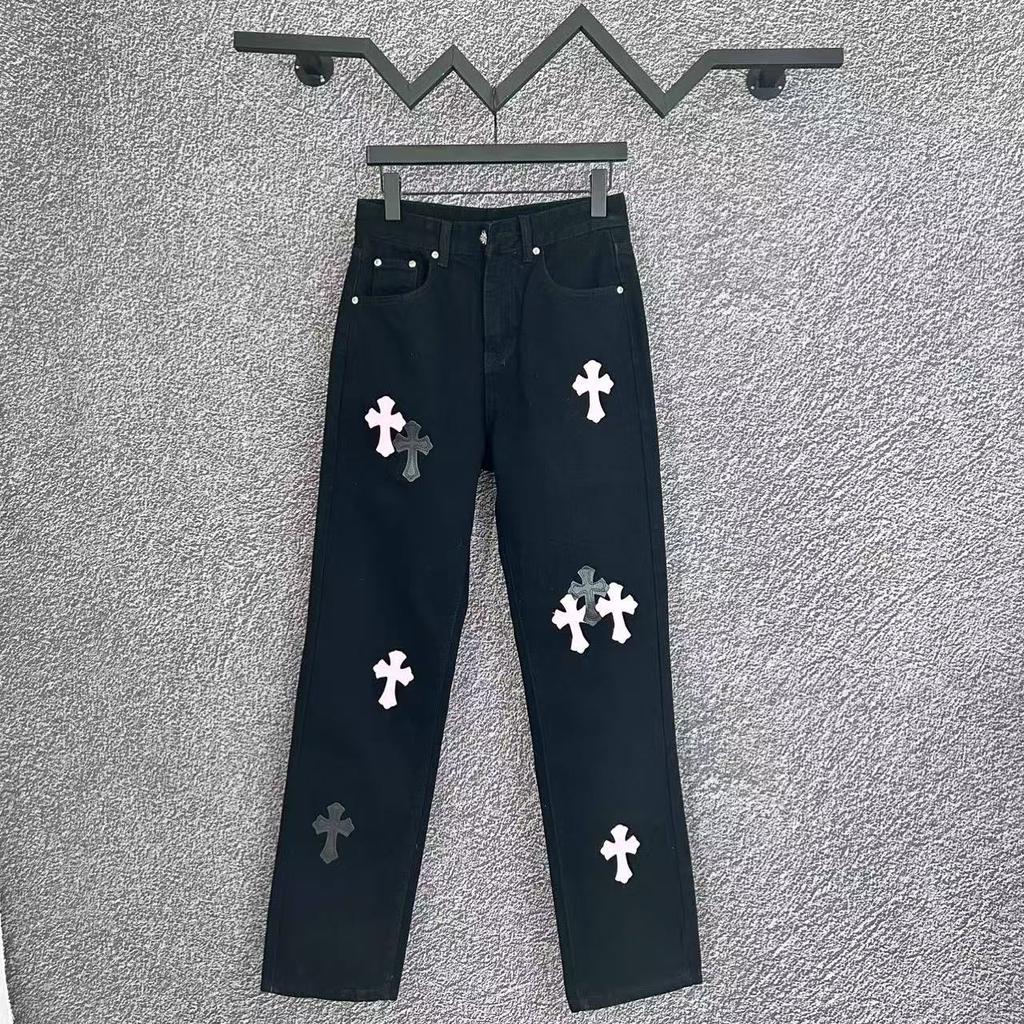 9905 CHROME HEARTS Men's and Women's American Style Trendy Jeans with Fabric Patches, Casual and Fashionable High Street Pants