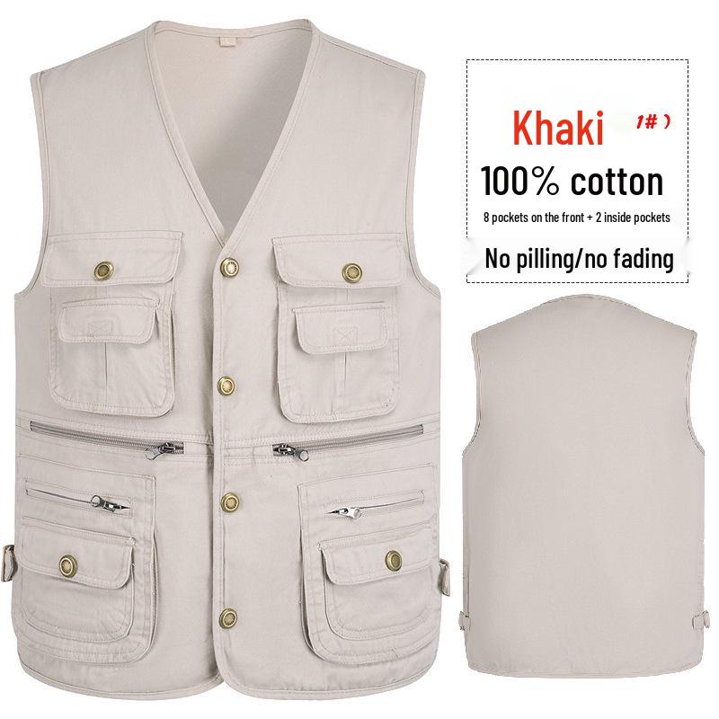 Men's Army Green Multi-Pocket Cotton Tank Top, Plus Size 10XL, Spring/Autumn Wear