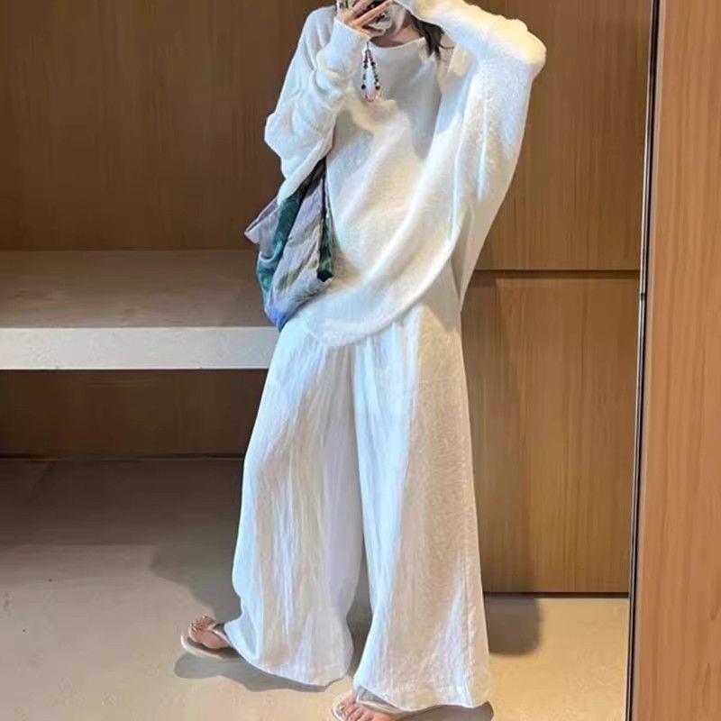 Women's Plus Size High-Waisted Wide-Leg Pants, Winter/Autumn, Loose-Fit, Floor-Length, Versatile White Slimming Design