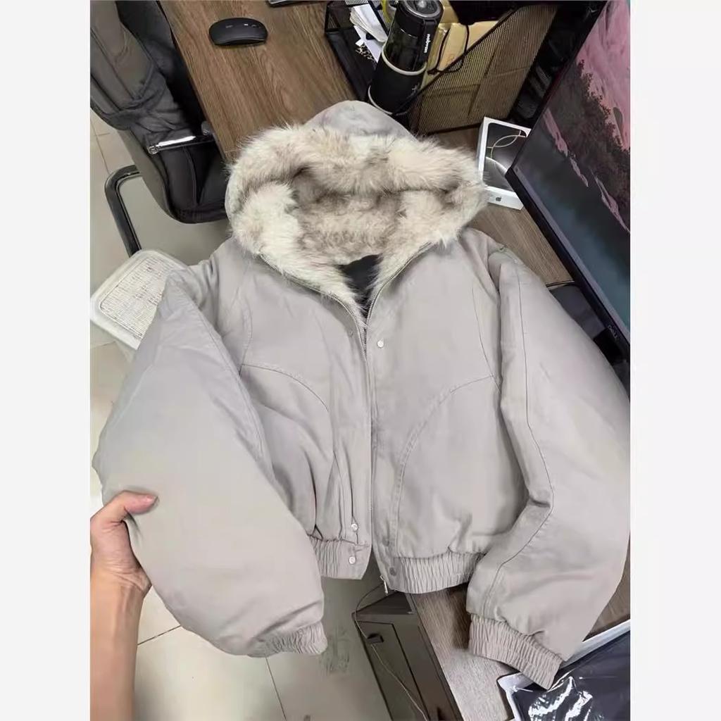 Women's Fleece Cotton Coat, Winter Thickened Short Workwear Fur Collar Hooded Loose Cotton Coat