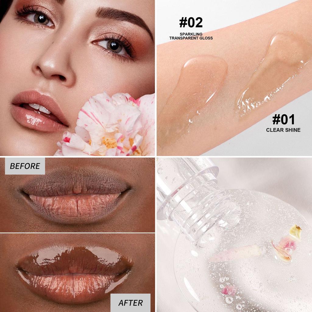 2pcs Nourishing Lip Oil Set, Transparent Dried Flower Clear Lip Gloss, Hydrating Plumping Glossy Tint, Moisturizing Shimmer Lip Care Makeup for Women